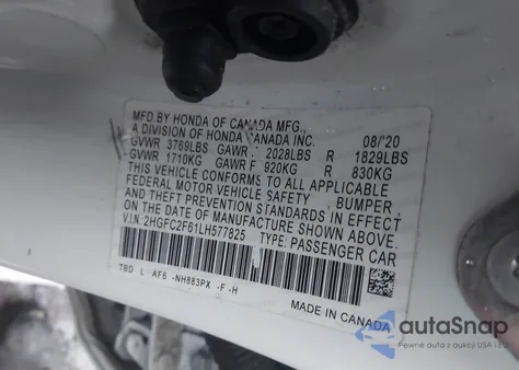 2020 Honda Civic Lx from USA, damaged, VIN 2HGFC2F61LH577825
